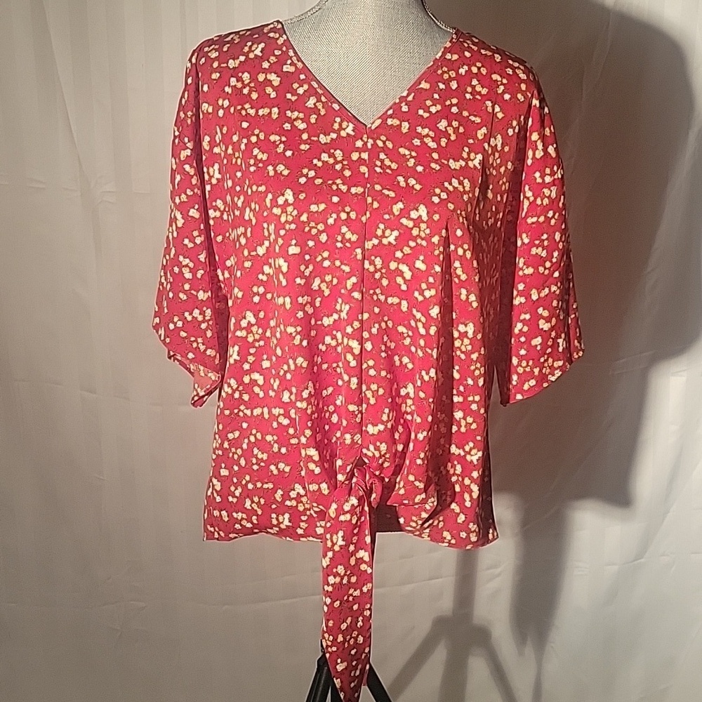 VIISHOW Womens Red Floral Front Tie V-Neck Batwing Short Sleeve Blouse, S: XL